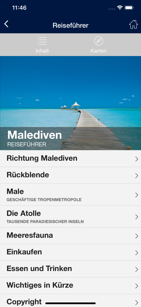 My Kuoniアプリのインターフェース。モルディブの旅行ガイドが表示され、美しい海の背景とメニューオプションがあります。