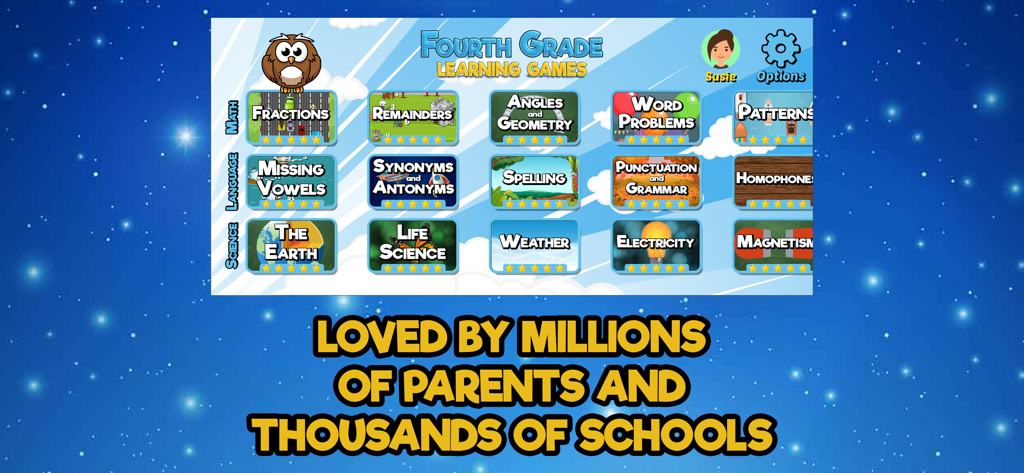 Fourth Grade Learning Games - Fourth Grade Learning Games app main menu showing math language and science activities