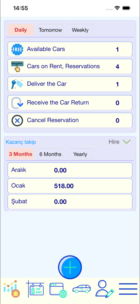 Vista del panel de control del software de gestión de alquiler de coches que muestra el estado del vehículo e informes de ingresos