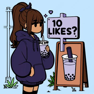 girl with oversized hoodie drinking boba and she has a high ponytail with a sign that says 10likes?