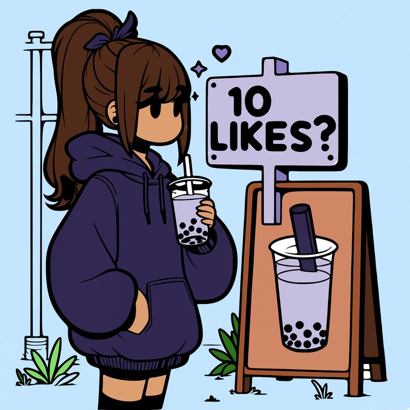 girl with oversized hoodie drinking boba and she has a high ponytail with a sign that says 10likes?
