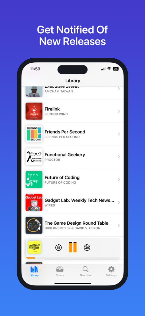 Podcatcher app library screen showing a list of subscribed podcasts and a notification for new releases.