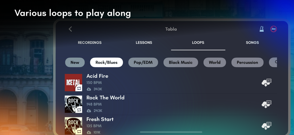 Pantalla de menú de la aplicación Tabla que muestra diferentes categorías de bucles de música como Rock y Pop