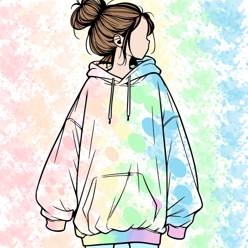 realistic girl with a oversized sweatshirt on and a bun