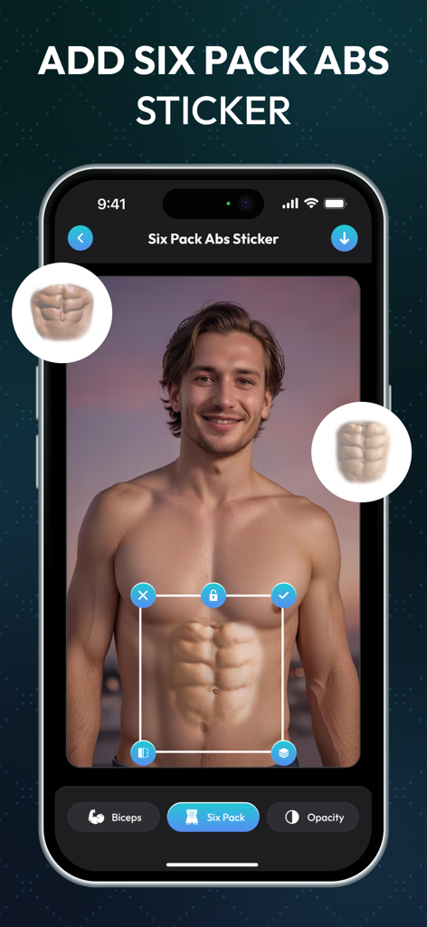 Oberfläche der KI Sixpack Bauchmuskeln Fotoeditor-App, die den Oberkörper eines Mannes mit einem realistischen Bauchmuskel-Sticker zeigt, der angewendet wird.