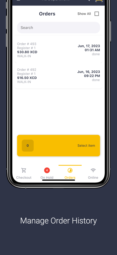 CURI POS mobile app interface displaying a list of recent business orders and transaction history