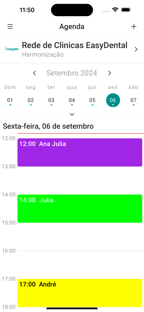 Interface do aplicativo EasyDental Mobile exibindo uma agenda diária do consultório odontológico com consultas codificadas por cores