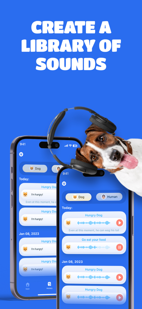 Dog Training – game for dogs - A dog wearing headphones next to a mobile app interface for recording and playing dog and human sounds