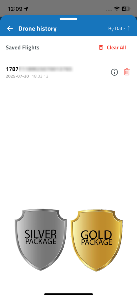 DroneScout pro - DroneScout pro app interface showing a list of saved flights and icons for silver and gold premium packages