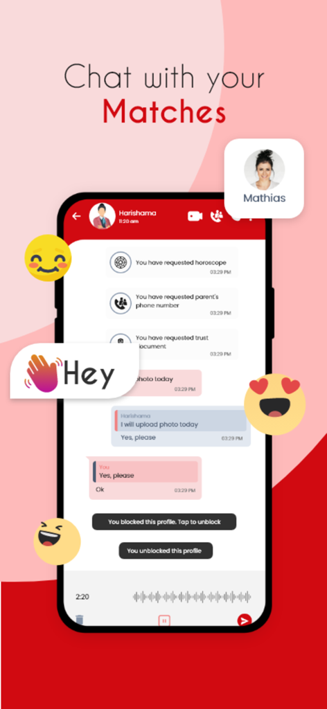 Kalyan Matrimony® Marriage App - In-app chat interface showing a conversation with options to request horoscopes and parent contact info.