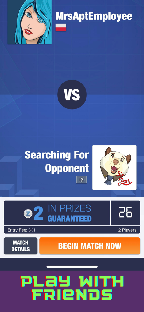 Block Puzzle Real Cash Edition - Matchmaking screen showing a search for an opponent in Block Puzzle Real Cash Edition