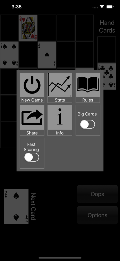 Poker Square - Solitaire - Menu des options du jeu Poker Square Solitaire montrant les paramètres et les statistiques.