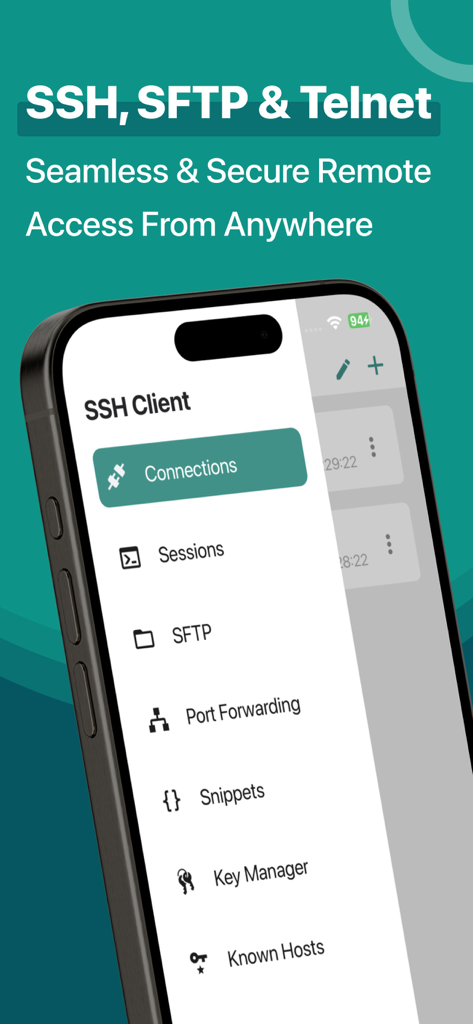 SSH, SFTP Client, iSH, Putty - A mobile phone screen displaying the navigation menu of an SSH and SFTP client app