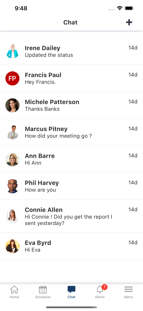 Paycor Mobile app chat interface showing a list of employee conversations and profile pictures