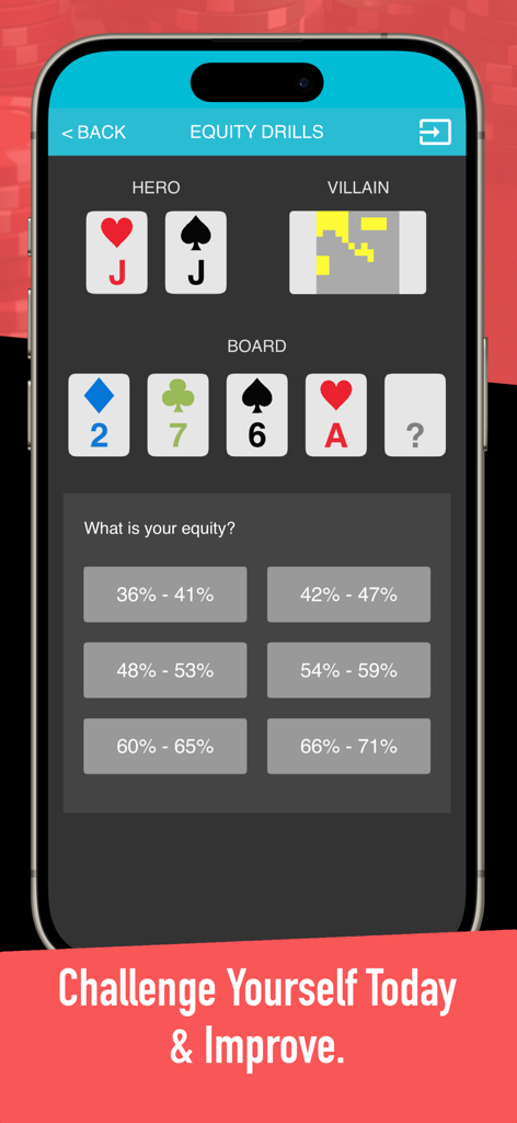 Preflop+ Poker GTO Nash Charts - Preflop+ app screen displaying a poker equity drill with a pair of Jacks and multiple choice answers
