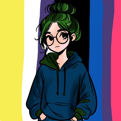 teen girl with a messy bun and glasses wearing a loose hoodie and jeans