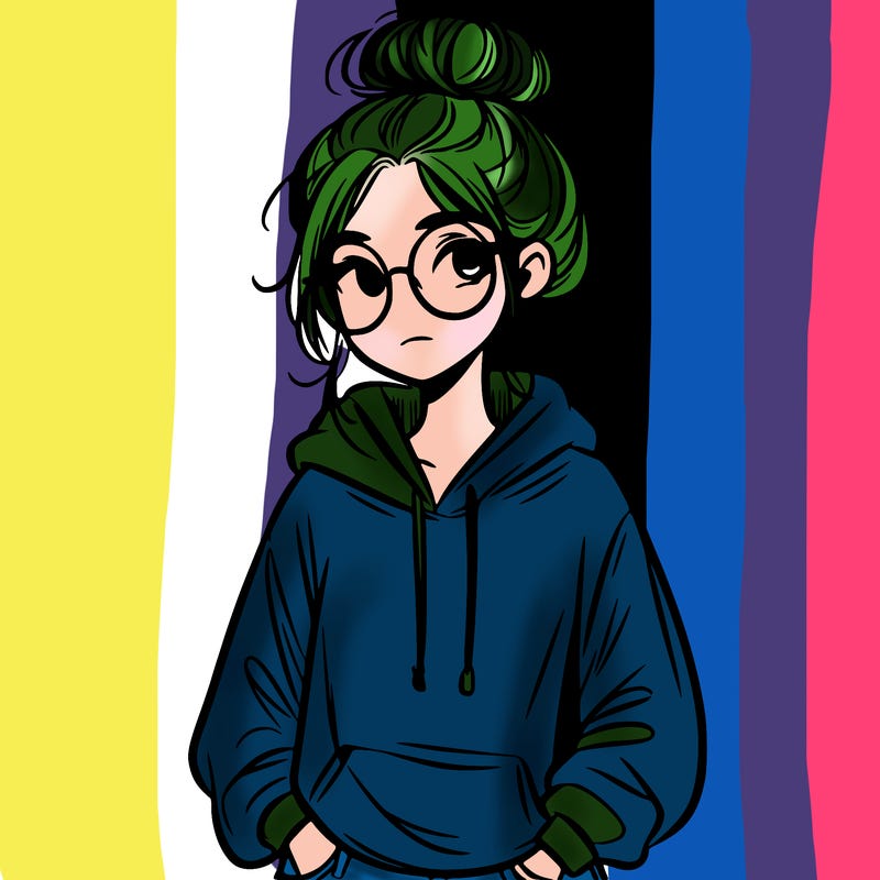 teen girl with a messy bun and glasses wearing a loose hoodie and jeans