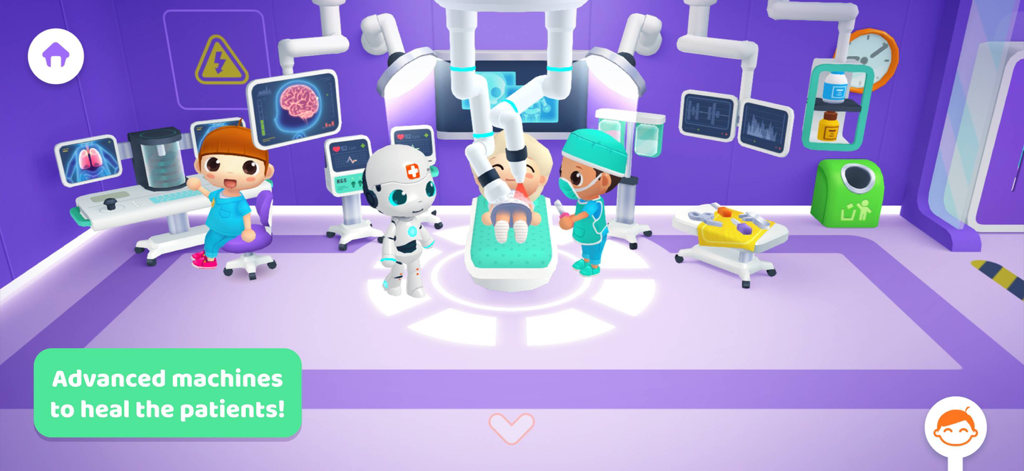 Central Hospital Stories - Un dottore e un robot utilizzano macchinari medici all'avanguardia per curare un paziente in una stanza d'ospedale futuristica.