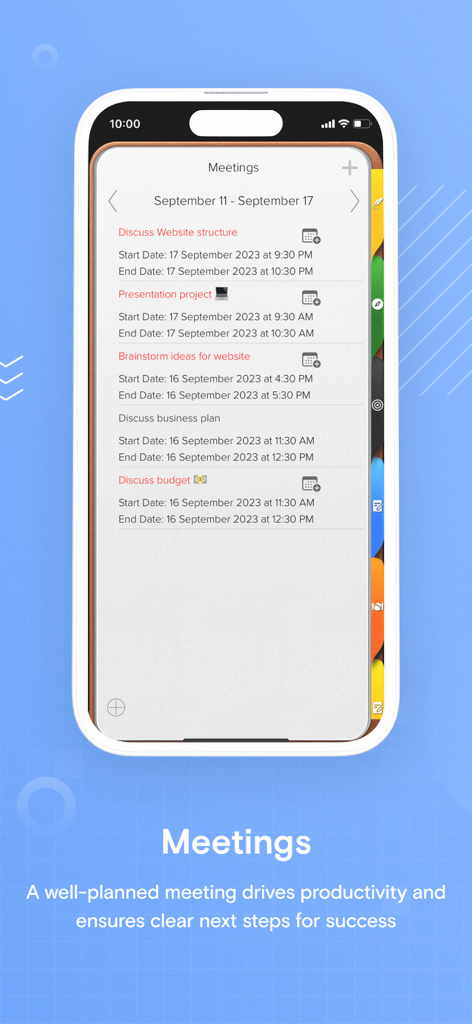 Opus One: Digital Planner - Opus One app interface showing a list of scheduled professional meetings with dates and times.