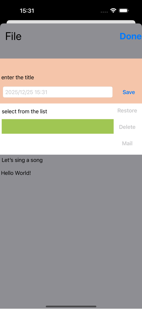Guitar Chord Changer - File management screen of the Guitar Chord Changer app for saving and restoring song settings