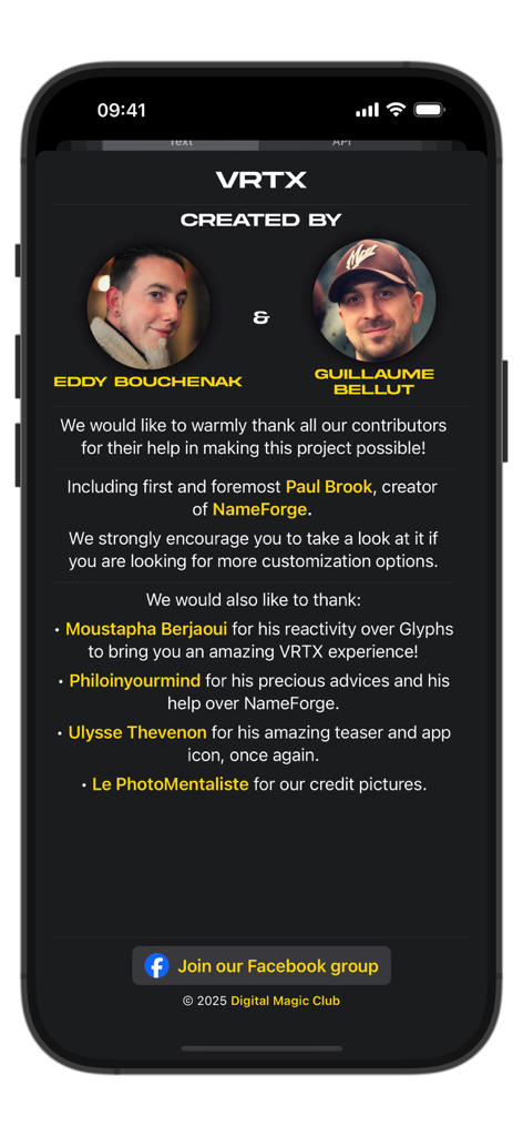 VRTX - A página de créditos do aplicativo de mágica VRTX apresentando fotos dos criadores Eddy Bouchenak e Guillaume Bellut, juntamente com uma lista de colaboradores.