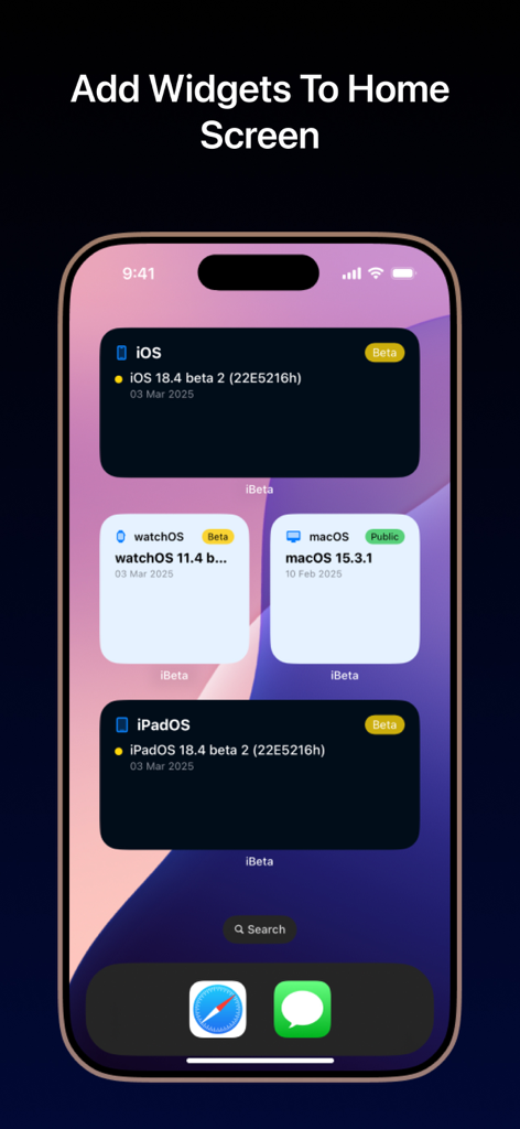 Ein iPhone-Homescreen, der mehrere iBeta-Widgets zur Verfolgung der neuesten Beta-Updates für iOS, watchOS, macOS und iPadOS anzeigt