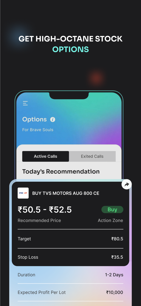Waya app interface showing a stock options trading recommendation with target and stop loss.