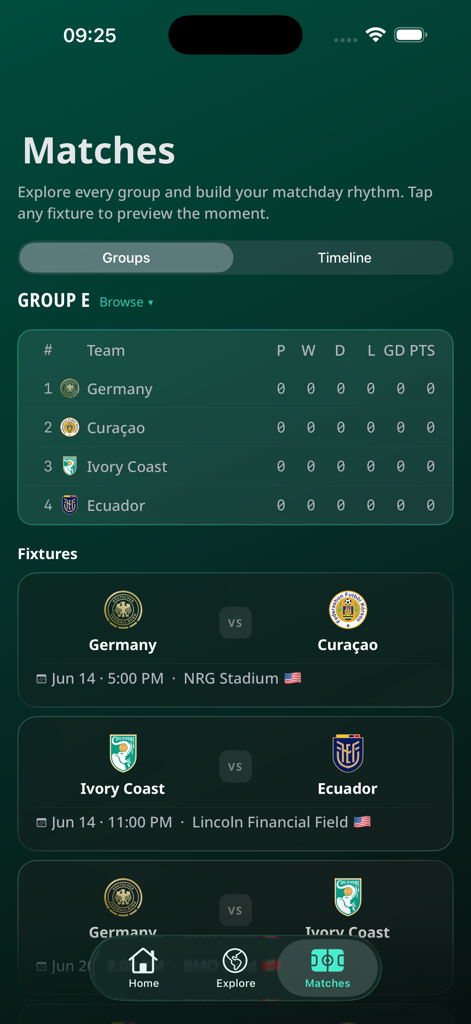 Trivela - Cup Guide 2026 - 트리벨라 앱의 경기 화면. 월드컵 2026 조별 순위 및 대진표가 표시됩니다.