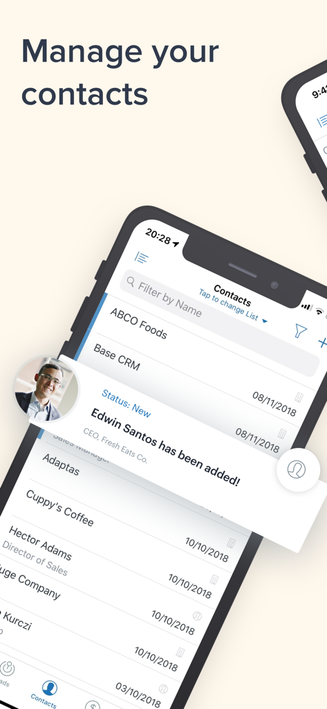 Zendesk Sell mobile app interface showing a list of business contacts and a notification for a newly added lead.