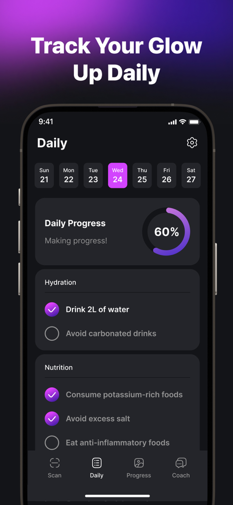 UCHAD - See Your Potential - Interfaz de la aplicación UCHAD que muestra un rastreador de progreso diario con listas de verificación de nutrición e hidratación