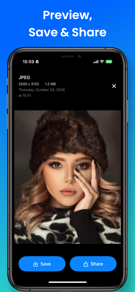 Image Converter & Compressor - Image Converter app preview interface showing save and share buttons for a JPEG file