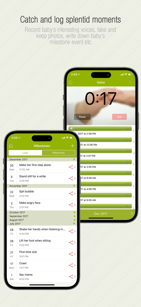 Screenshots of the Babycare Tracker app showing a list of baby milestones and a voice recording interface