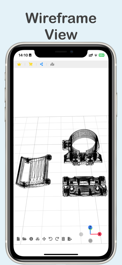 3D Model Viewer & Converter - A 3D model displayed in wireframe mode on an iPhone screen using the 3D Model Viewer and Converter app.