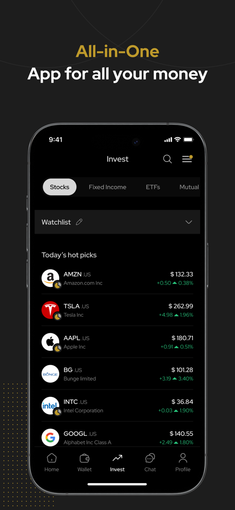 Black Star - A better way. - Mobile interface of the Black Star app showing a stock watchlist with prices for Amazon Tesla and Apple