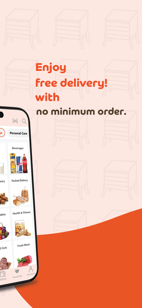 GoodsMart - GoodsMart app interface showing grocery categories with a message about free delivery and no minimum order.