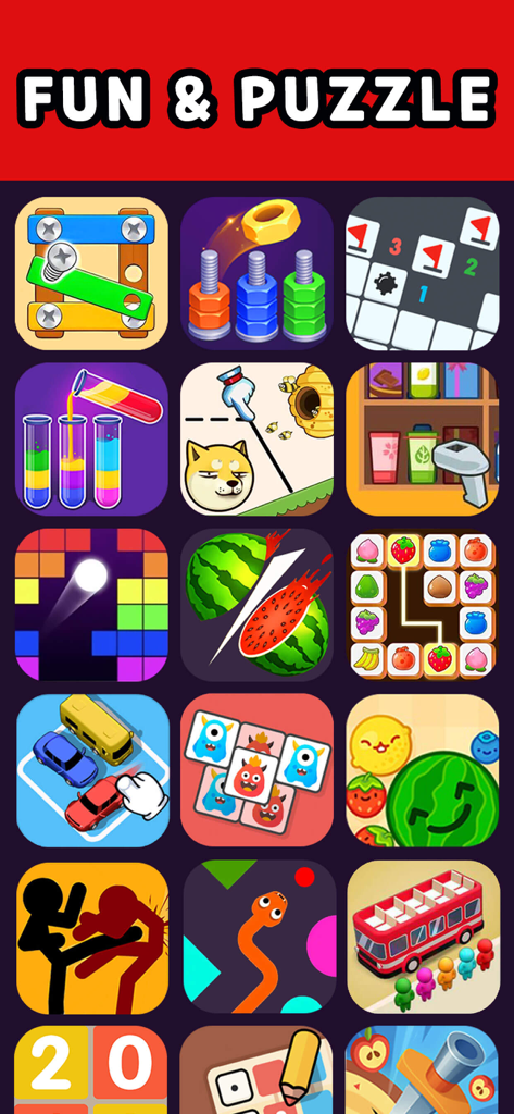 99 Games-Offline Games No Wifi - Una varietà di icone colorate di puzzle e giochi arcade, inclusi snake water sort e match tiles, sotto l'intestazione Divertimento e Puzzle