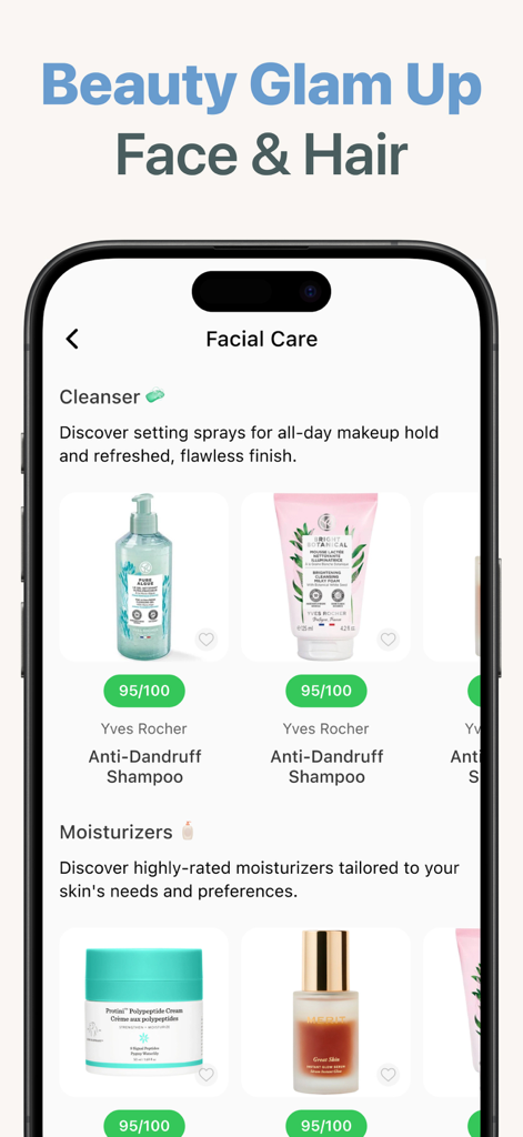 Mobile app interface displaying highly rated facial care products with safety scores