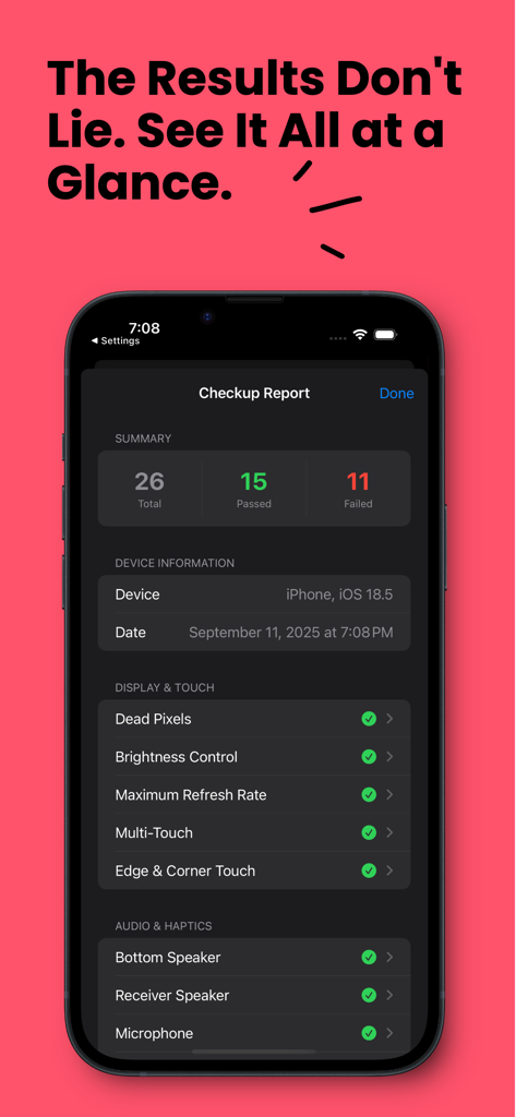 DeepCheck: The iPhone Report - An iPhone screen displaying a DeepCheck hardware diagnostic summary report with passed and failed test results