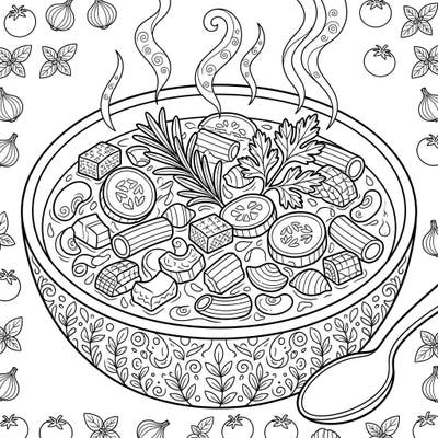 Dive into the rich flavors and intricate details of our Minestrone Soup adult coloring page. This delightful design offers a mindful escape, brimming with fresh ingredients and complex patterns ready for your creative touch.