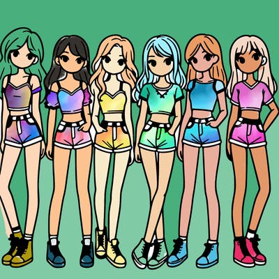 a group of girls wearing crop tops and shorts