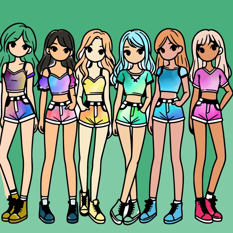 a group of girls wearing crop tops and shorts