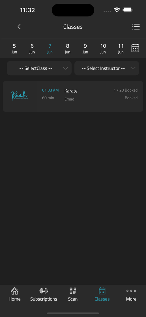 Ramla Studio - Interface of Ramla Studio app showing a list of fitness classes available for booking