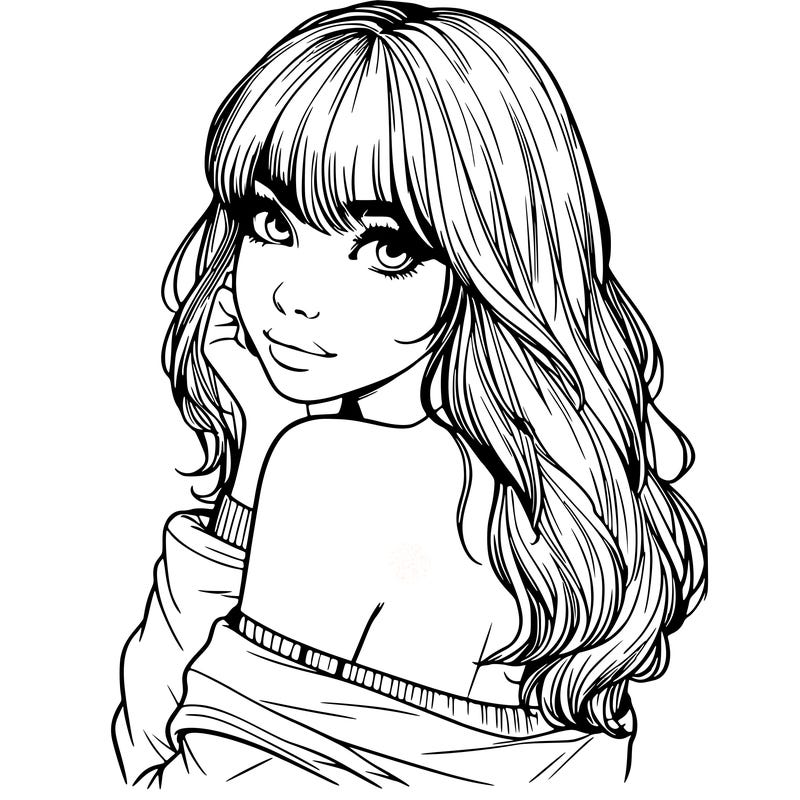 realistic girl with bangs looking over her shoulder