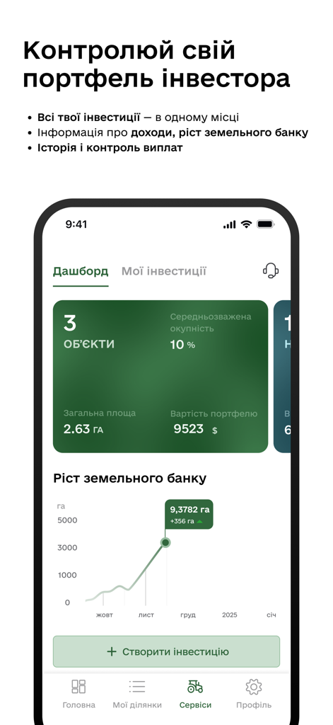 Mobile app interface showing an investor dashboard with land property statistics and growth charts