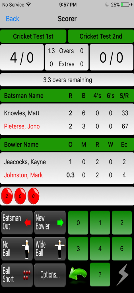 The WebCricket app scorer screen showing real-time match statistics including batsman runs and bowler economy rates