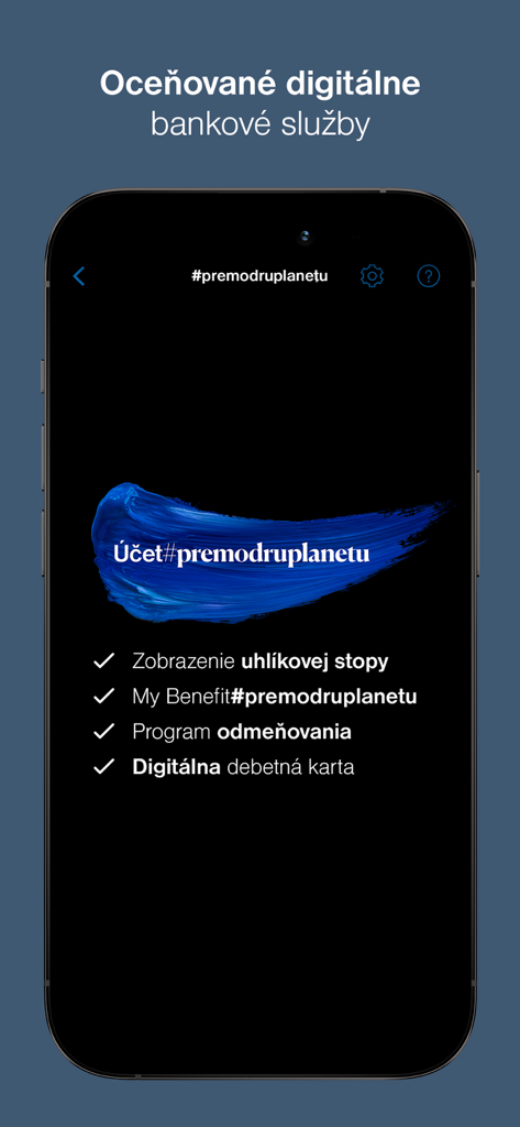Tatra banka - Smartphone screen showing the Tatra banka app features for an eco friendly account including carbon footprint display and digital debit card