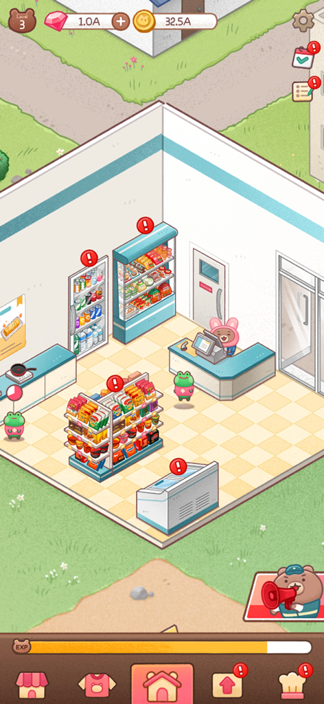A cute bear character in a bunny outfit managing a colorful convenience store in the Gomdol CEO mobile game.