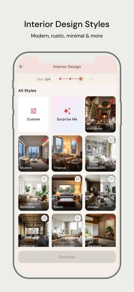 Archify: AI Home Design - Interface de l'application Archify affichant une grille de styles de design intérieur IA tels que moderne, bohème et rustique.