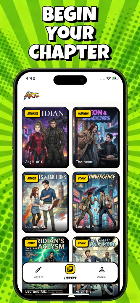 Interfaz de la biblioteca de la aplicación ARTAI mostrando varios mangas, manhwas y cómics generados por IA.