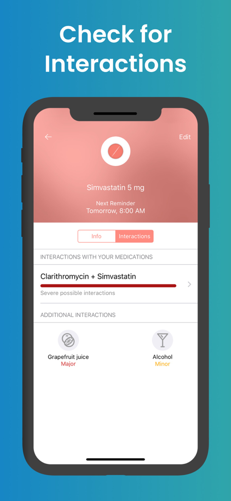 A smartphone showing the Medisafe app interface for checking medication and food interactions